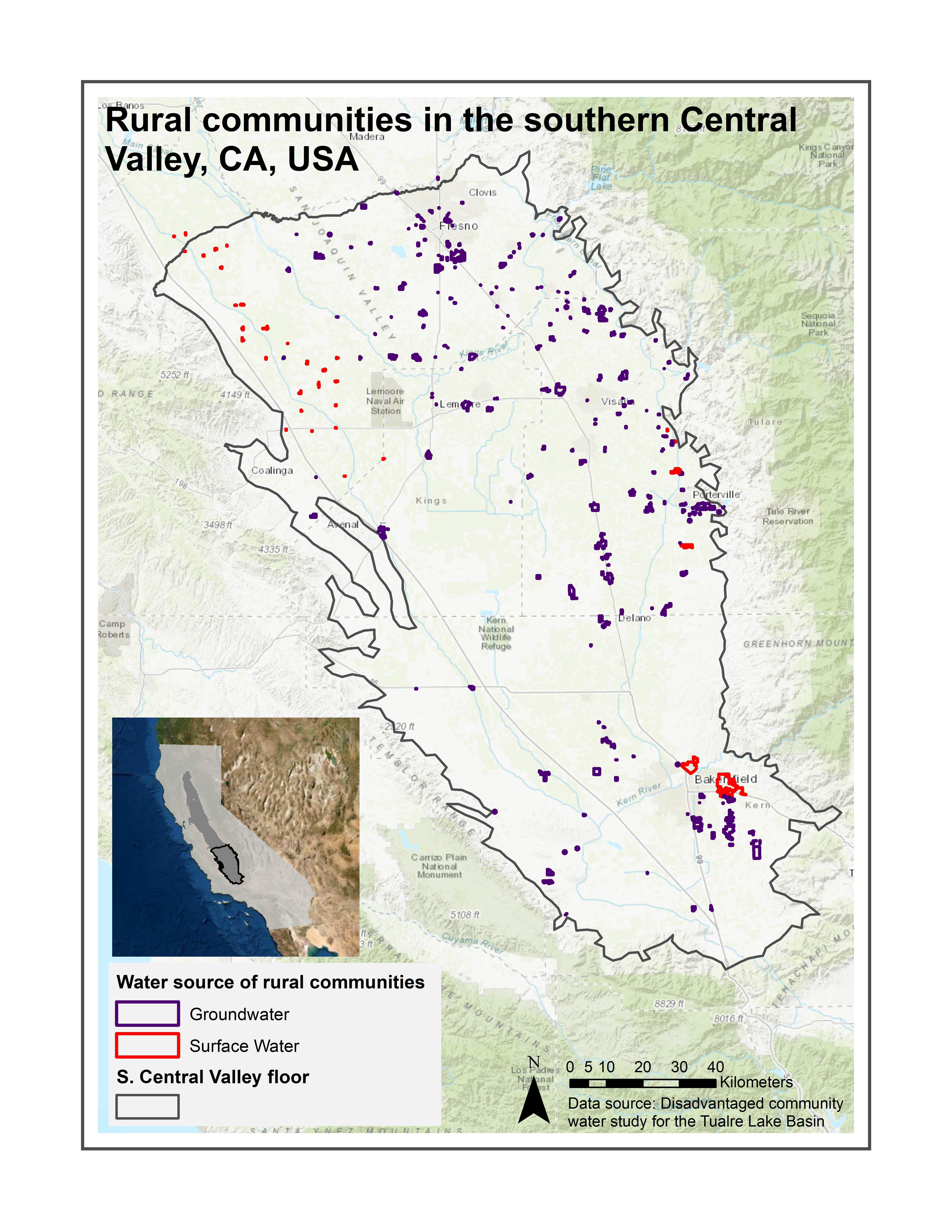 A map of the southern Central Valley disadvantaged community water study Marwaha conducted.