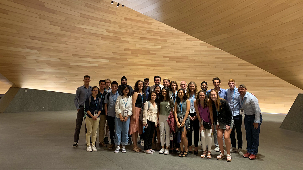 Group of students in the Bloomberg headquarters in London