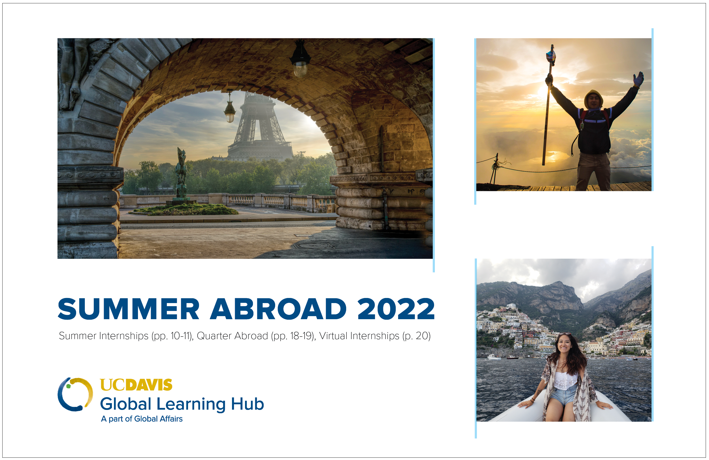 Cover of the Summer Abroad brochure. Photos include: Eiffel Tower, student on top of a mountain, and student in a boat