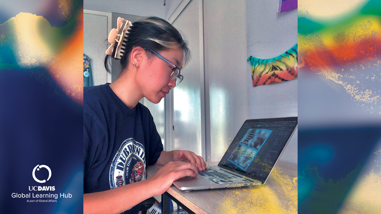 Photo of a student in front of her computer participating in global internship