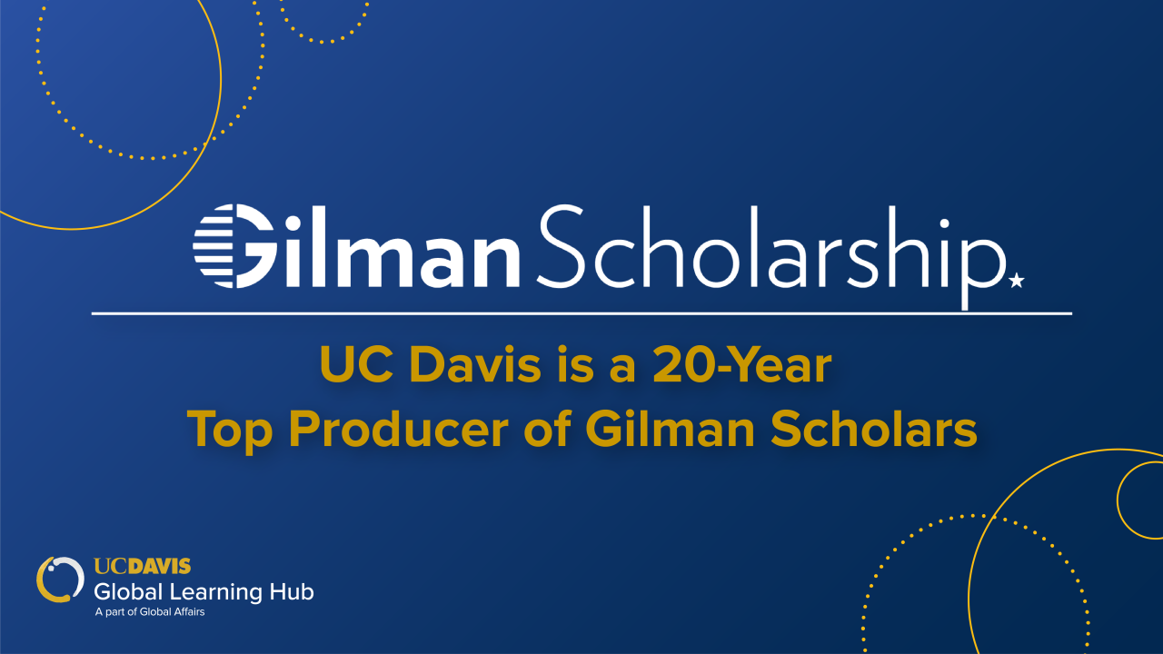 Graphic with text 'Gilman Scholarship - UC Davis is a twenty-year Top Producer of Gilman Scholars"