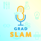 An illustration of a microphone on a light blue and yellow background with the words "Grad Slam" below it