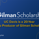 Graphic with text 'Gilman Scholarship - UC Davis is a twenty-year Top Producer of Gilman Scholars"