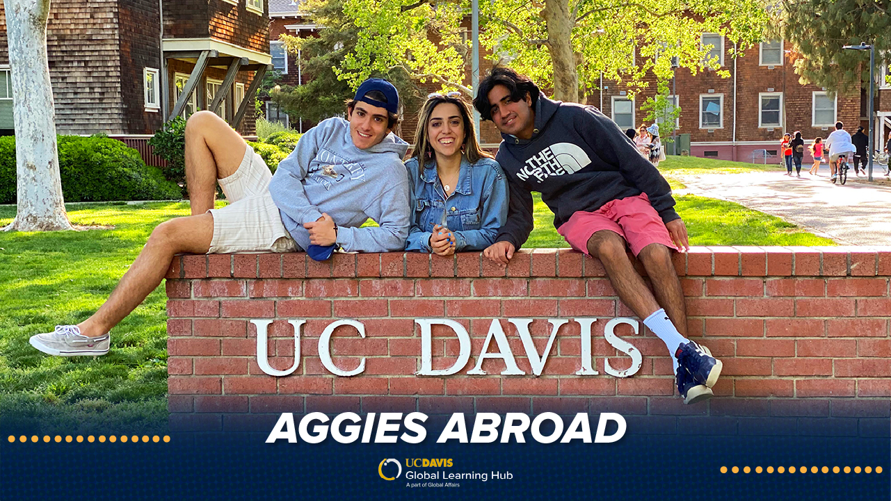 Three students sitting on a large, brink wall. The wall has large text: UC Davis. There is a graphic overlay that reads: Aggies Abroad.