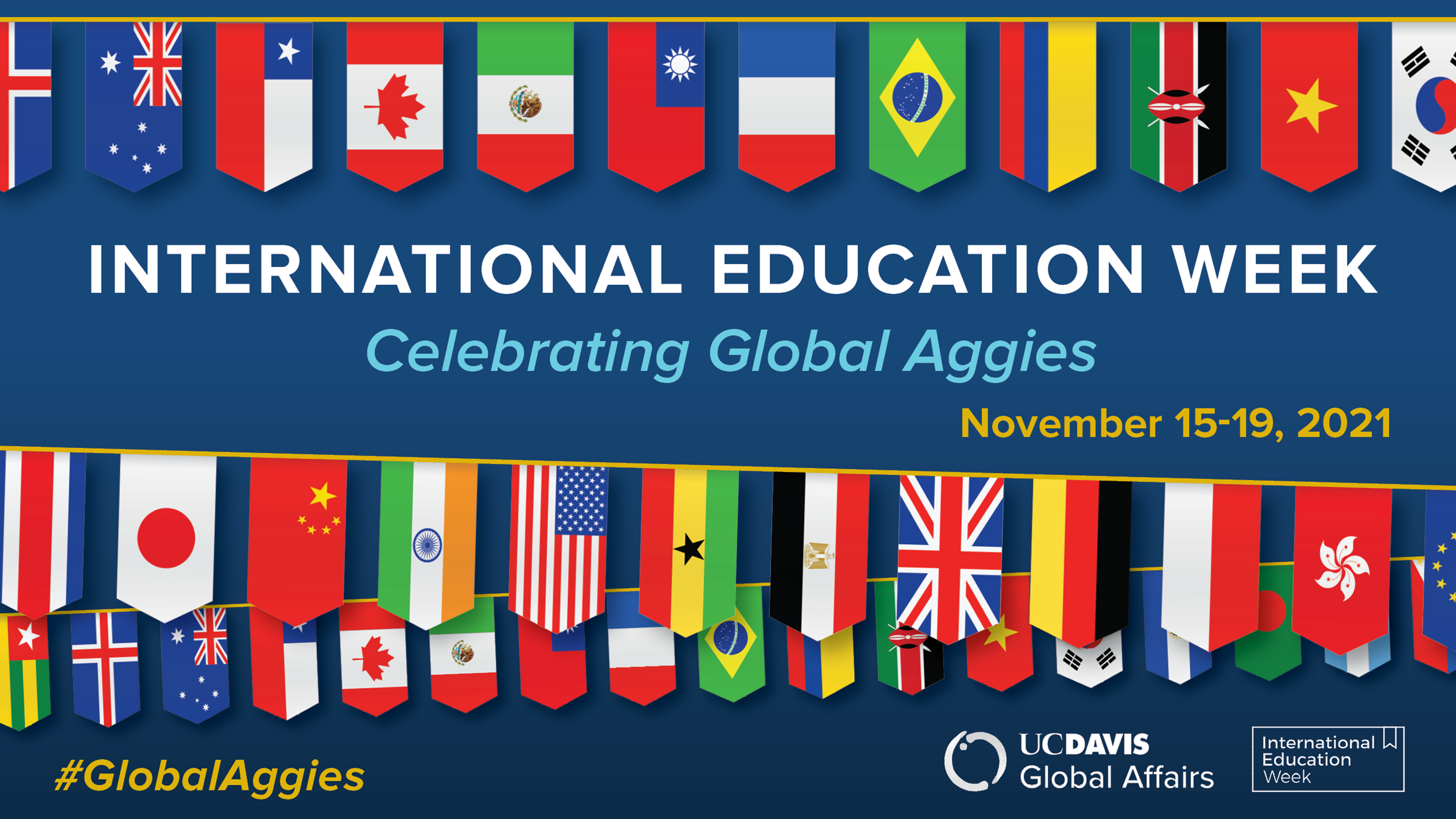Graphic for International Education Week - international flags draping up and down