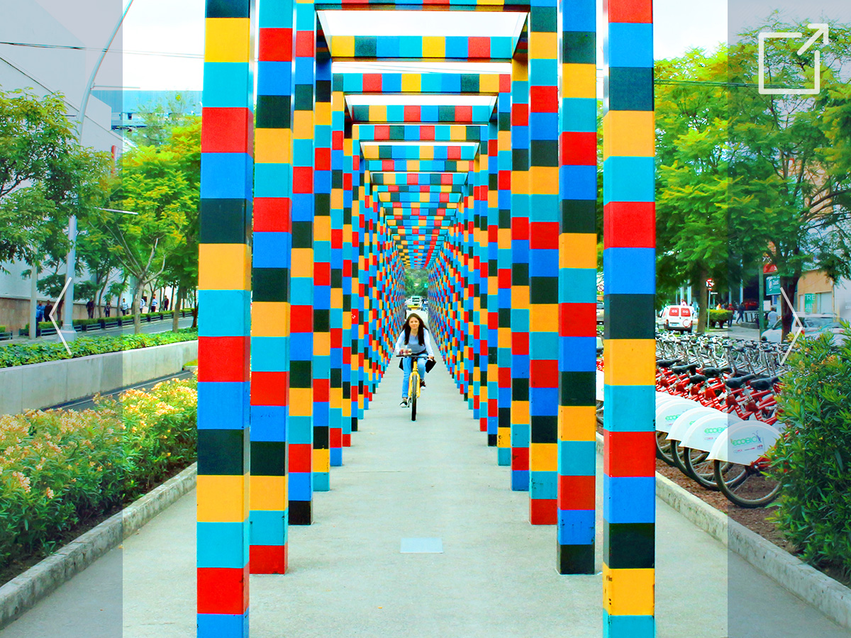 Image of a student riding a bike between a row of colorful pillars