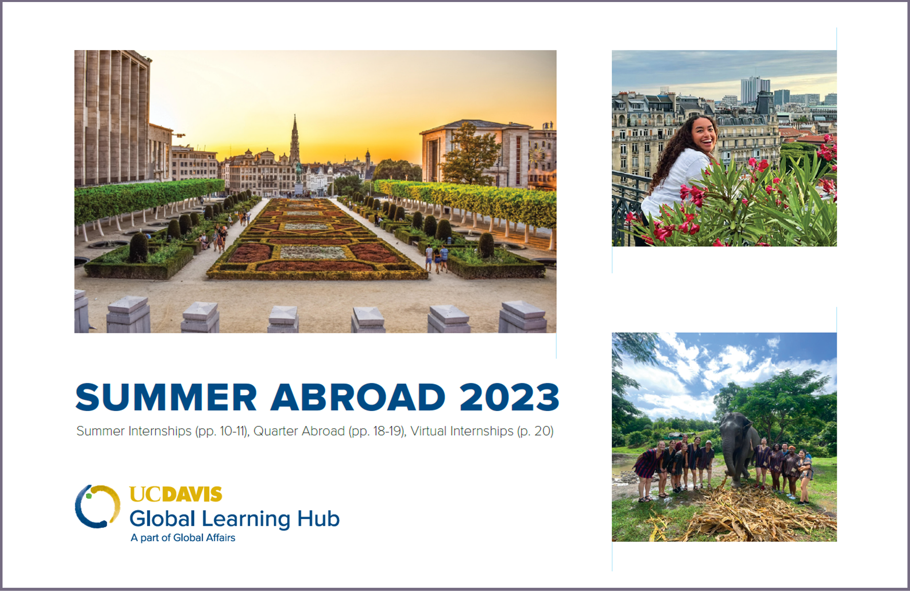 Cover of the Summer Abroad brochure. Photos include: iconic city square, student overlooking Paris, students with an elephant