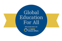 "Global Education For All" and the UC Davis Global Affairs logo is written in a blue circle with a yellow ribbon backing.