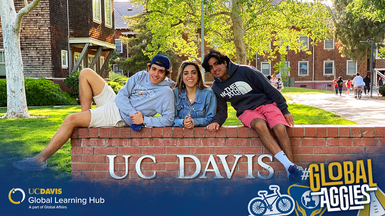 Three students sitting on a large, brink wall. The wall has large text: UC Davis. There is a graphic overlay that reads: Aggies Abroad.