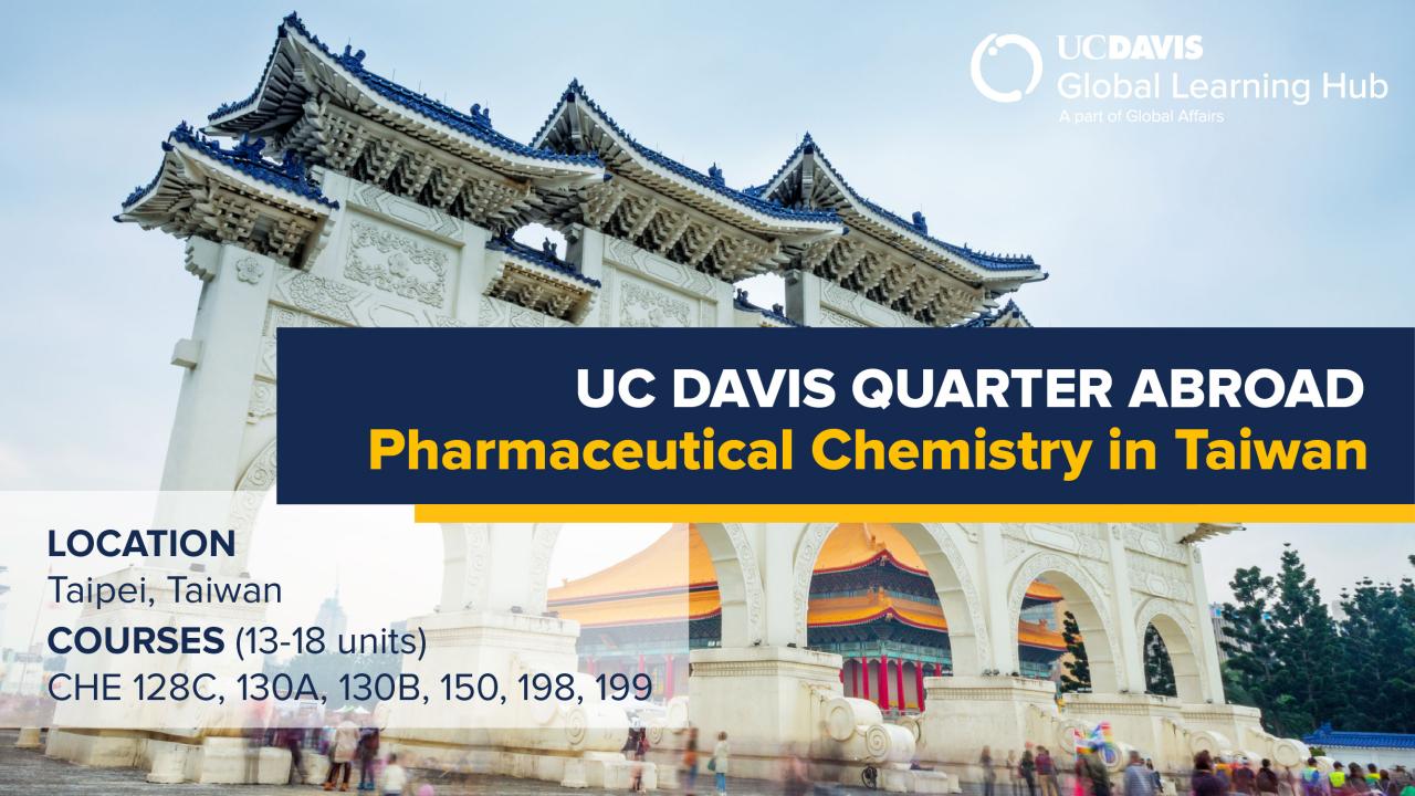 Graphic with text "UC Davis Quarter Abroad Pharmaceutical Chemistry in Taiwan"