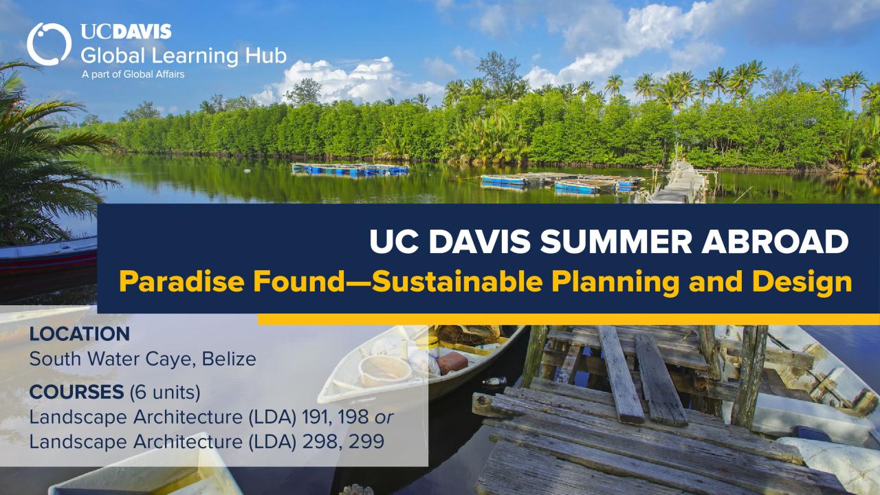 Graphic with text: "UC Davis Summer Abroad Paradise Found—Sustainable Planning and Design"