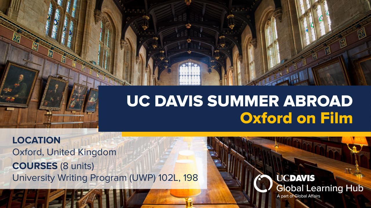 Graphic with text: "UC Davis Summer Abroad Oxford on Film"