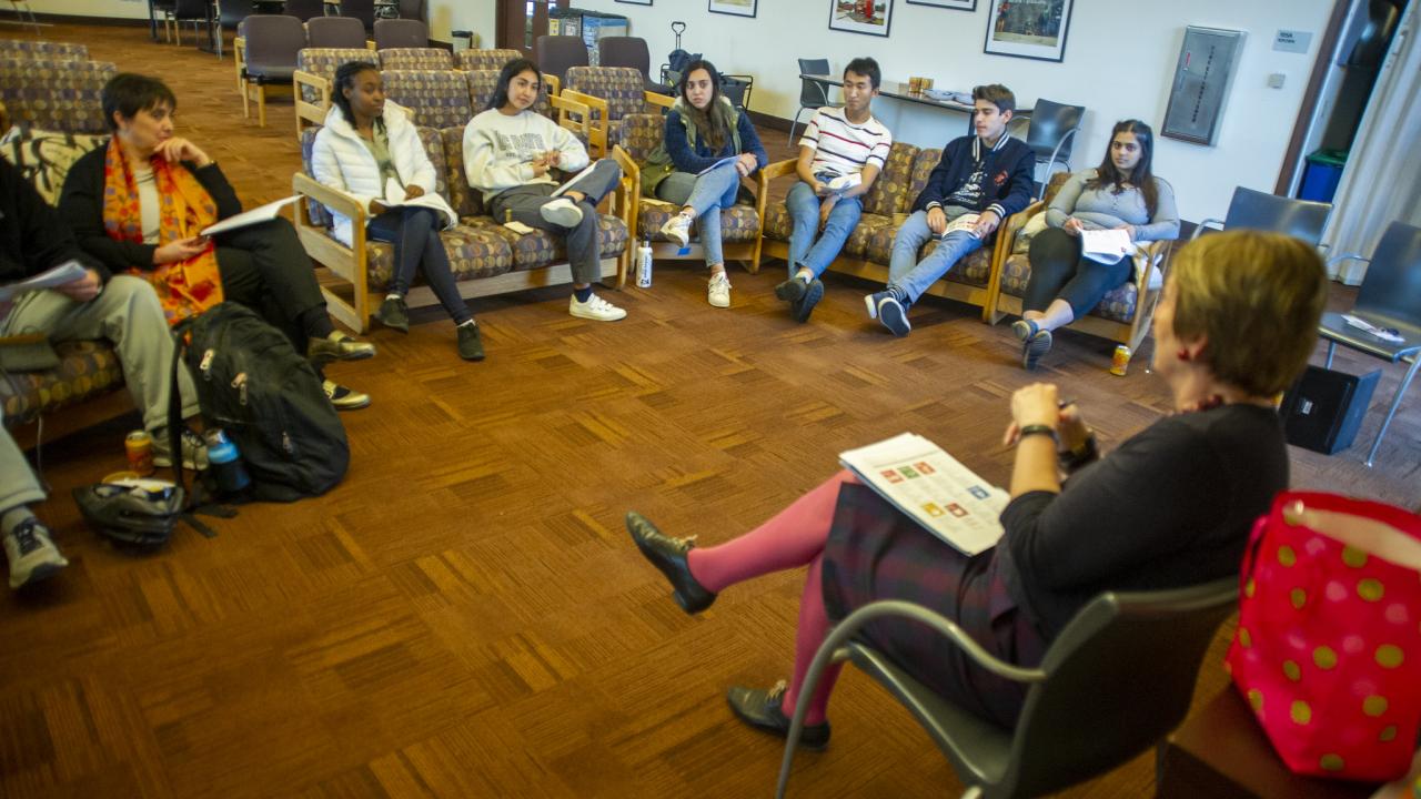 Global Affairs Vice Provost and Dean Joanna Regulska (right) leading a discussion on the Sustainable Development Goal for Gender Equality during a Global Engagement Opportunity Living and Learning Community seminar in winter 2020. (Karin Higgins/UC Davis)