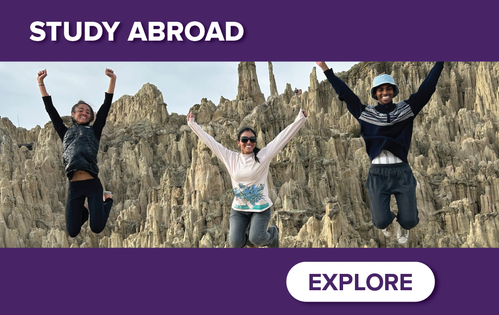 Three individuals joyfully jump in the air with rocky formations in the background. The image is titled "Study Abroad" with an "Explore" button at the bottom.