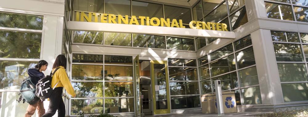 Students walking in front of the International Center