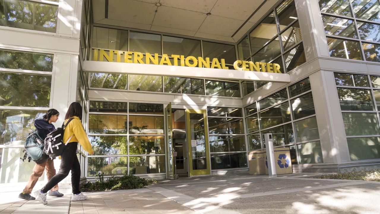Students walking in front of the International Center