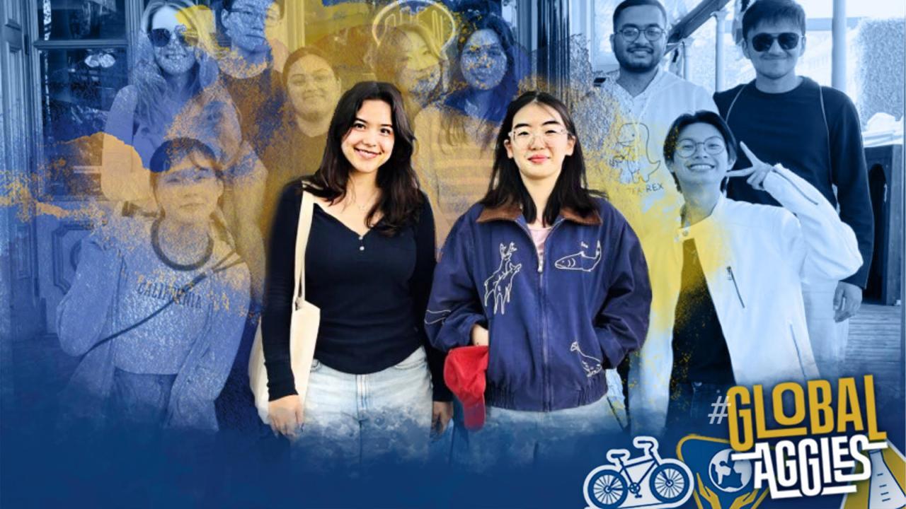 Two women standing and smiling at the center of a collage-like group photo with yellow and blue paint effects blending over the background. The text "#GlobalAggies" and symbols of a globe and bicycle are displayed at the bottom.