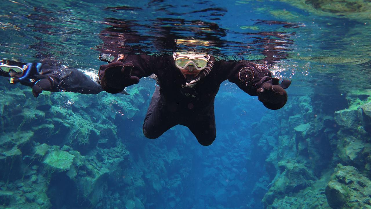 A man in a wetsuit and snorkel explores the underwater world, surrounded by clear blue water and marine life.