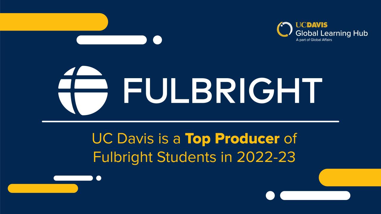Graphic with text: UC Davis is Top Producer of 2022-23 Fulbright Students. There is a Fulbright logo above the text. In the upper right corner, there is a Global Learning Hub logo.