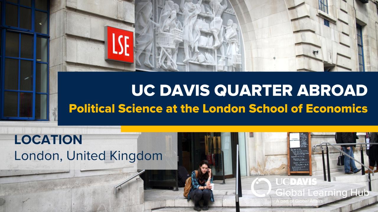 Graphic with text "UC Davis Quarter Abroad Political Science at the London School of Economics"