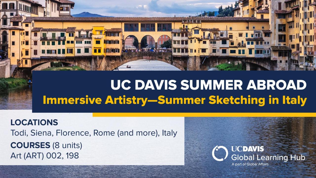 Graphic with text "UC Davis Summer Abroad Immersive Artistry—Summer Sketching in Italy"