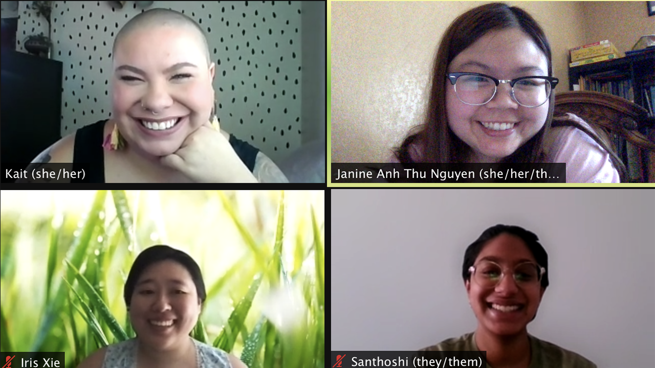 Zoom photo with four students faces, all smiling