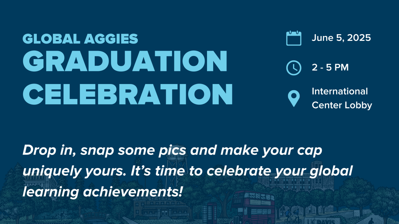 Global Aggies Graduation Celebration announcement with event details and illustrations of buildings.