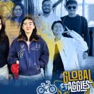 Two women standing and smiling at the center of a collage-like group photo with yellow and blue paint effects blending over the background. The text "#GlobalAggies" and symbols of a globe and bicycle are displayed at the bottom.