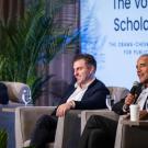 Former president Barack Obama and Airbnb co-founder and CEO, Brian Chesky, speak at a Voyager Scholarship panel.