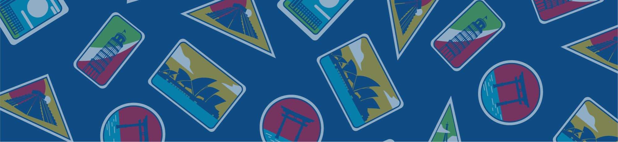 Webpage banner graphic with travel icons such as a suitcase and the leaning tower of Pisa