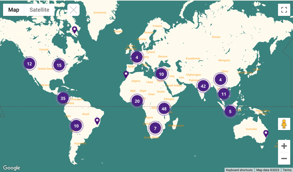 Map with purple pin marks