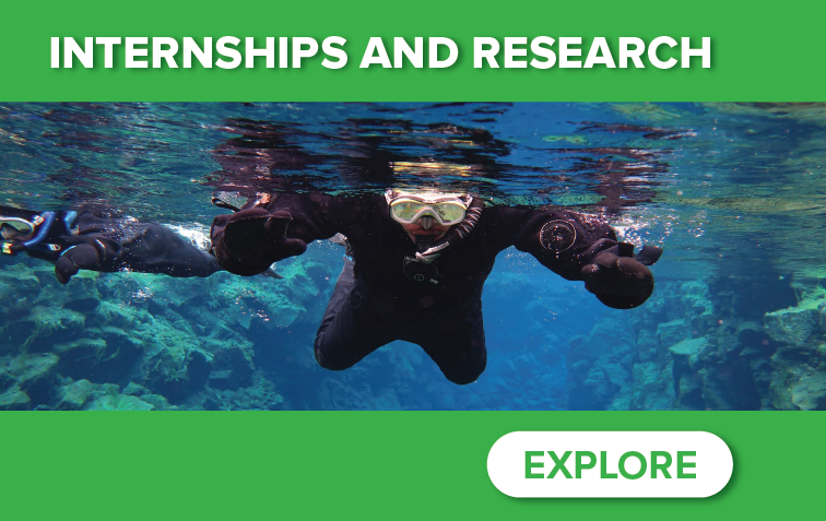A student snorkeling underwater with "INTERNSHIPS AND RESEARCH" text above and an "EXPLORE" button below.  Transcribed Text:  INTERNSHIPS AND RESEARCH  EXPLORE