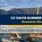 UC Davis Global Learning Hub banner for the Summer Abroad program ‘Economic Development,’ featuring Cape Town and Stellenbosch, South Africa. The background shows boats in a harbor with Table Mountain in the distance.