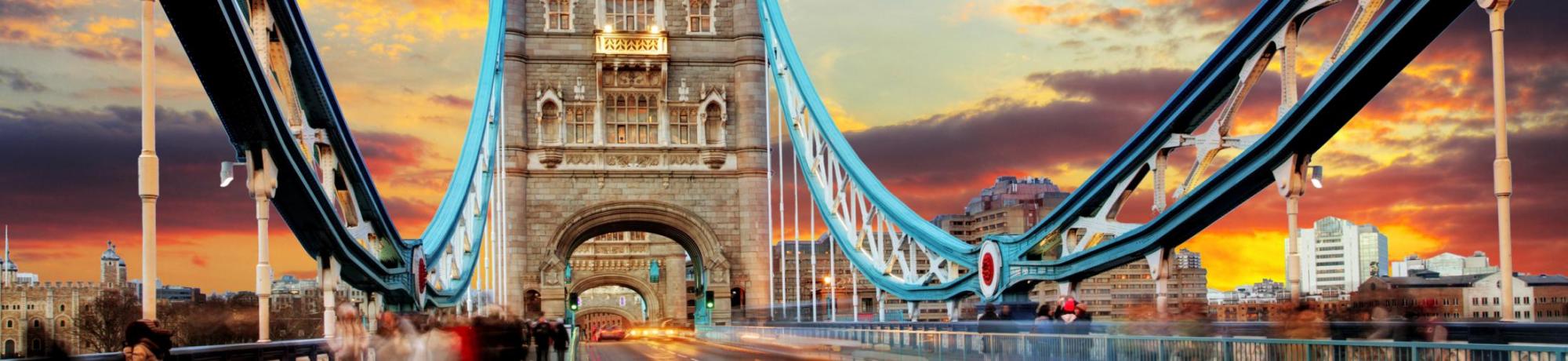 Tower Bridge at sunset, featuring vibrant skies and striking architectural details.