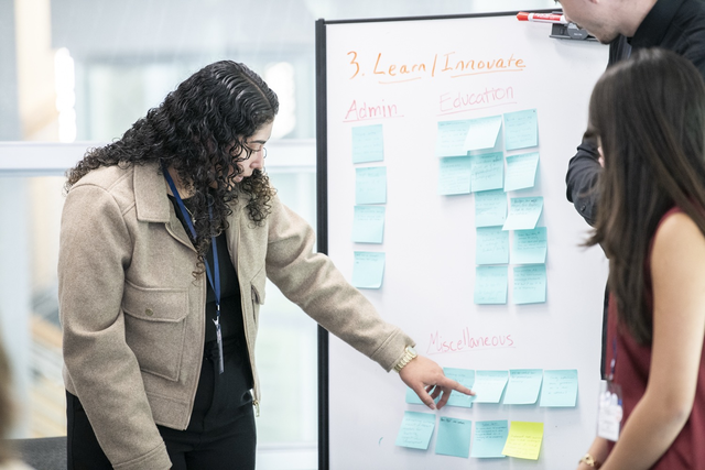 Team brainstorming at office whiteboard with blue and yellow sticky notes