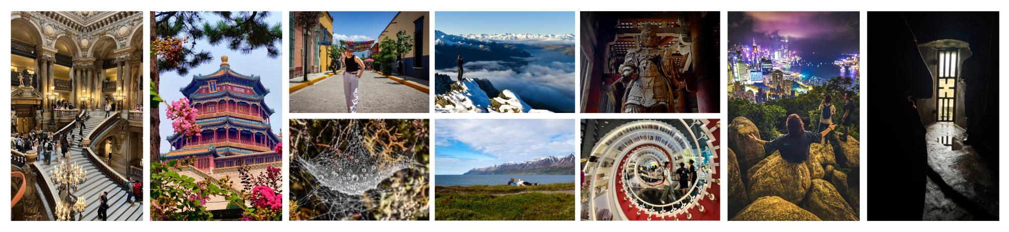 A collage of global learning scenes, including ornate architecture, colorful temples, cityscapes, mountains, coastlines, nature close-ups, and people exploring various destinations. There are ten photos in all.